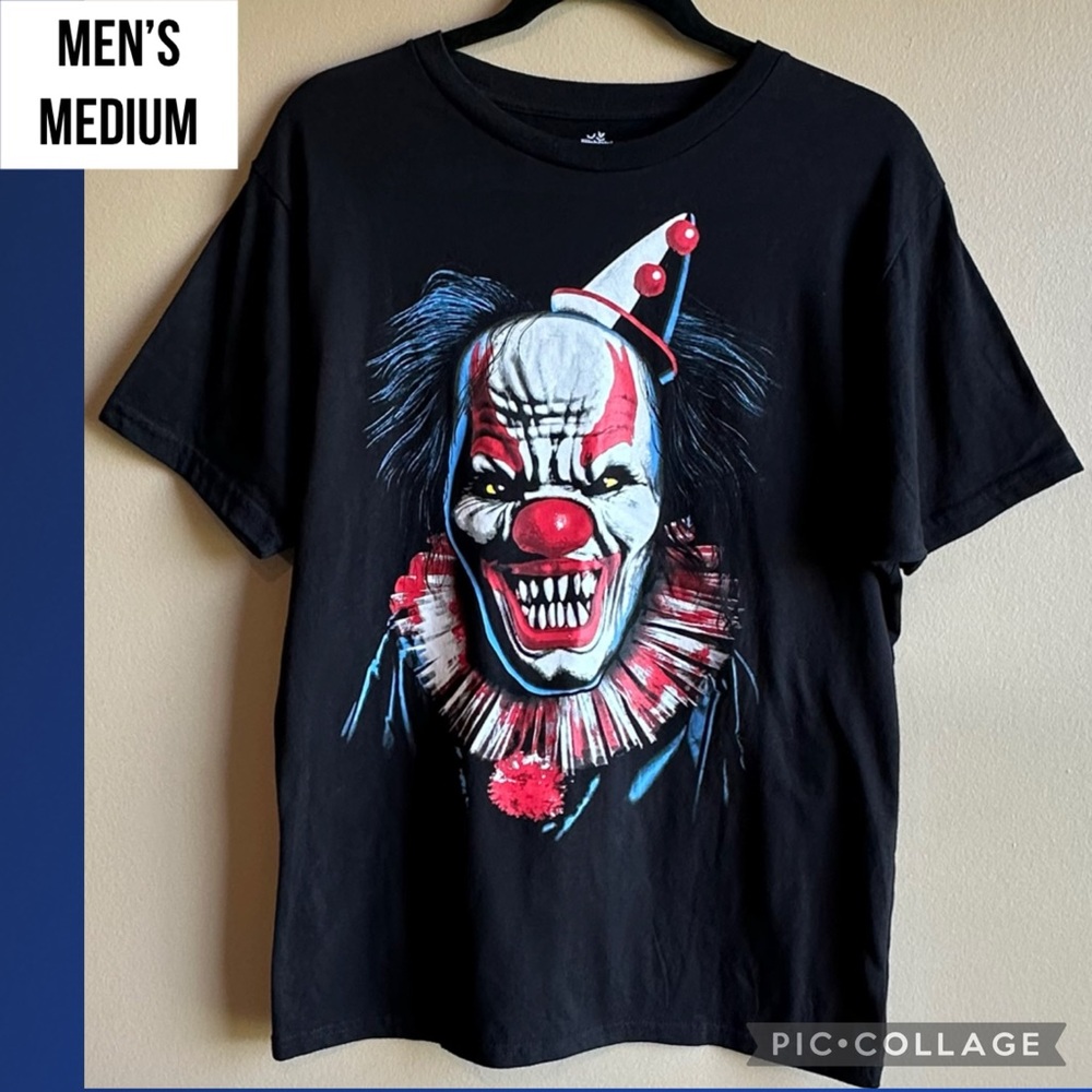 Halloween Mens T-Shirt Scary Clown Black Graphic Tee Short Sleeve Size Medium